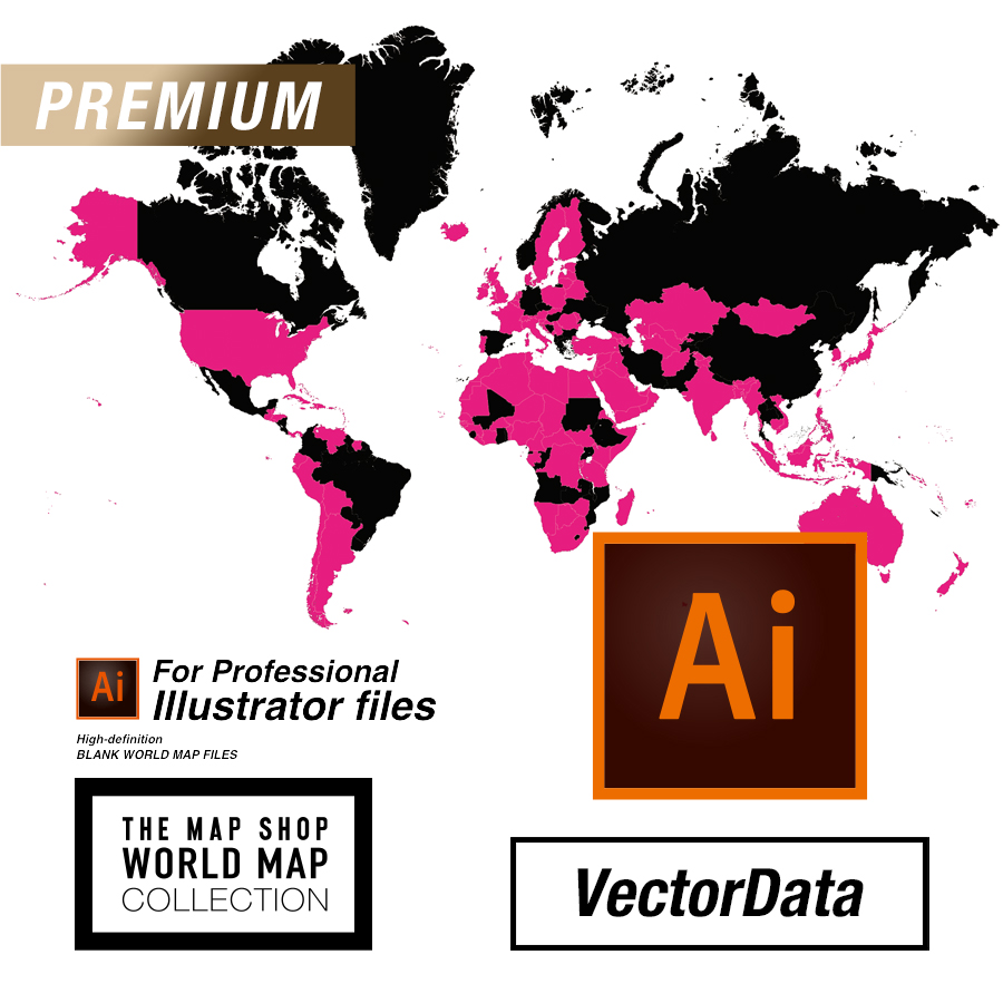 高精細白地図aiベクター 世界地図 大西洋 約1カ国レイヤー The Map Shop